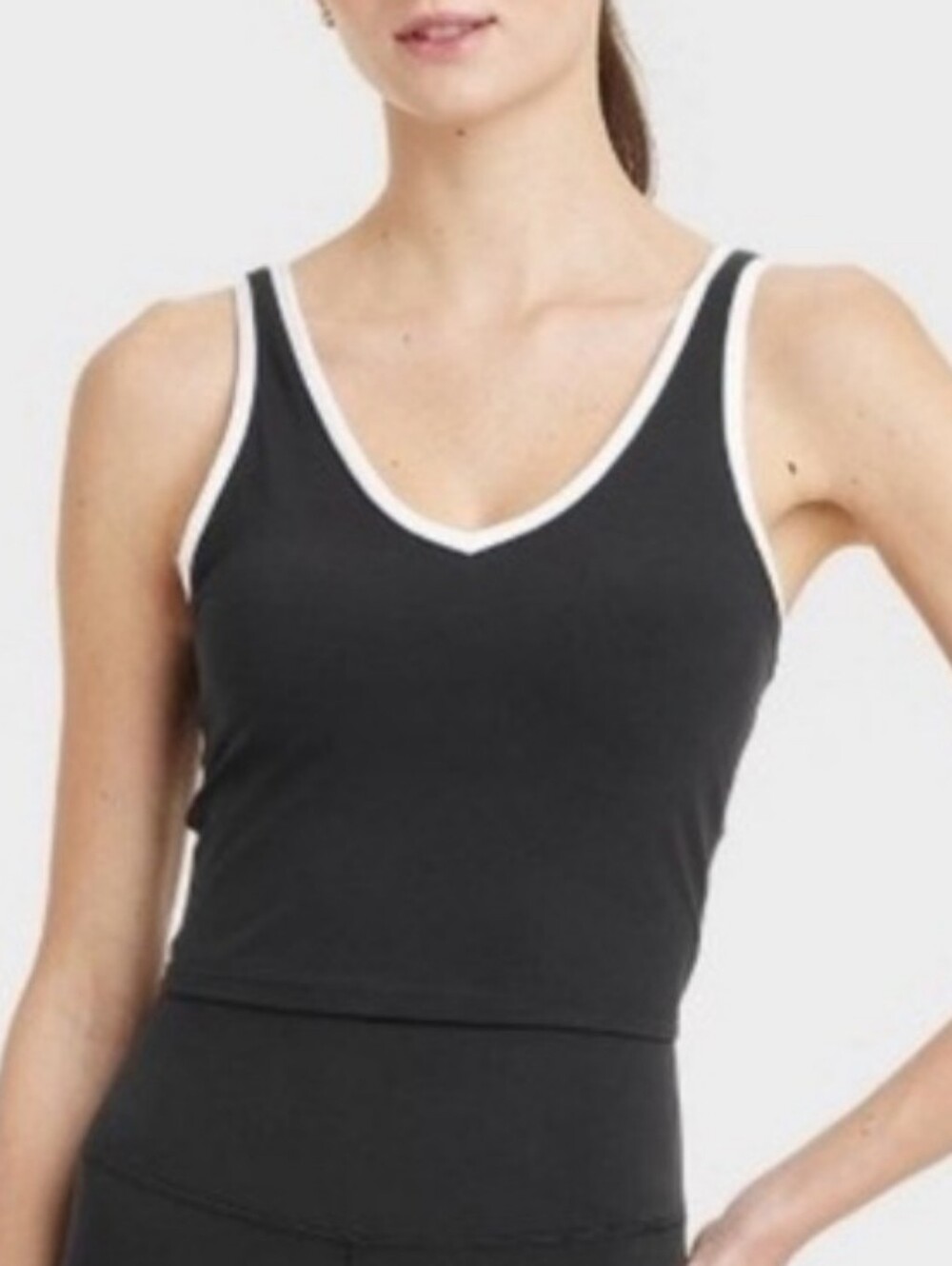 Womens V-Neck Cropped Sports Bra - All In Motion - Black With White Trim - L